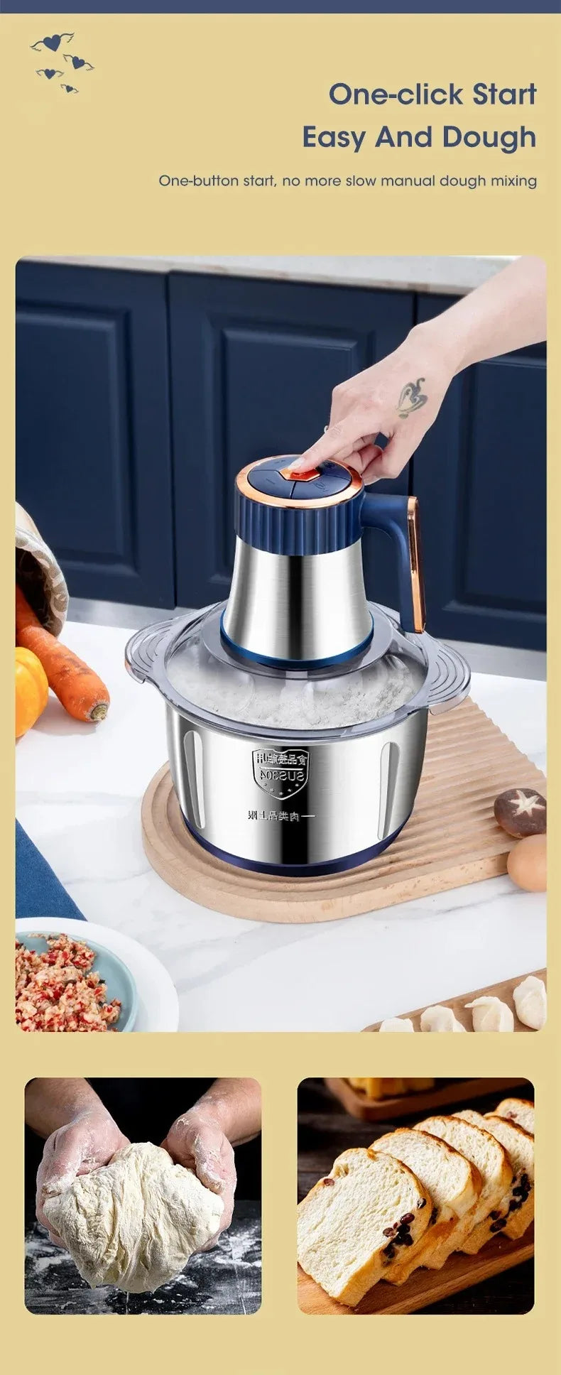 5L Electric Meat Grinder Chopper Stainless Steel Meat Vegetables Blender, 500W Household Stuffing Food Processor Mincer 5 Modes