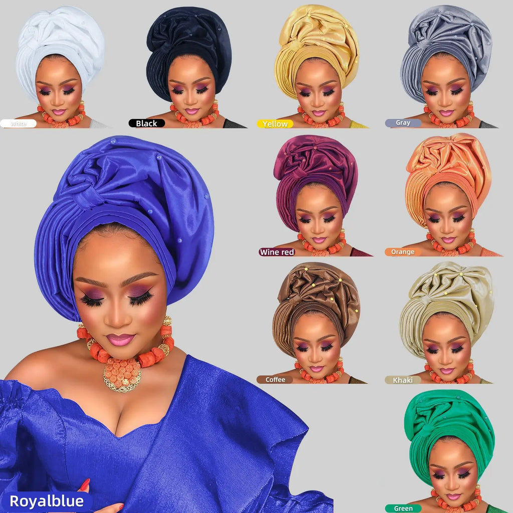 African Female Head Wraps Raw Silk Turban Cap for Women Nigeria Wedding Party Headcover Hat Ready to Wear Head Ties