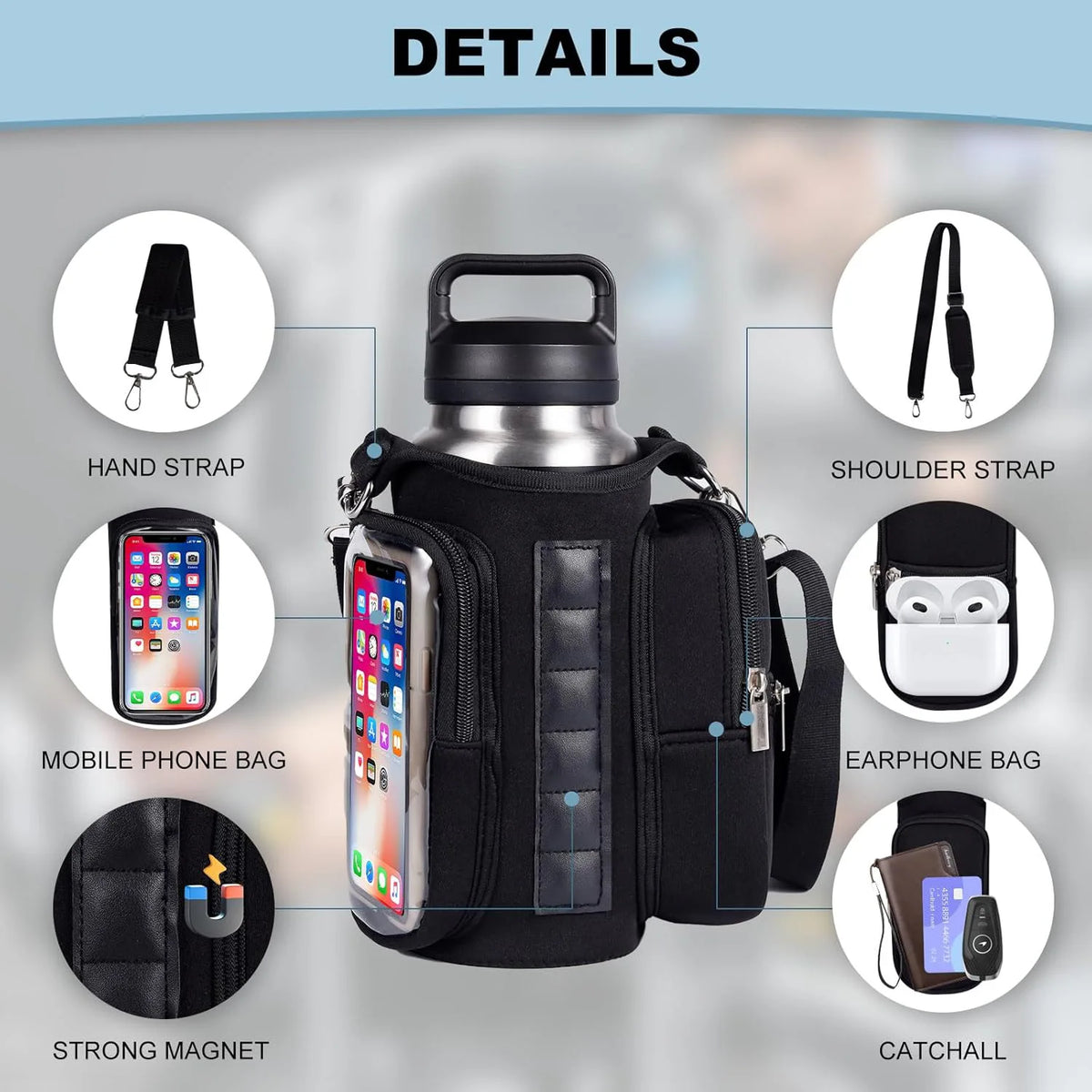 Magnetic Gym Water Bottle Bag with Strong Magnet Holder To Carry Phone Small Bottle and Essentials Attached To Metal Surfaces
