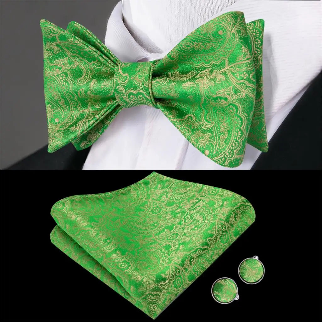 Hi-Tie Adjustable Butterfly Self Bow Tie for mens 100% Silk Floral Paisley Male Classic Wedding Party Golden Red Bow Tie Set