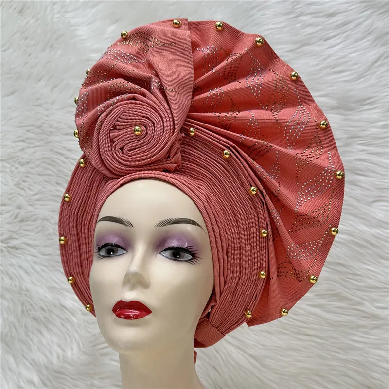 High Quality African Nigeria Gele Elegant Helmet With Stones Headband Turban Head Scarf Head-Hat Auto Gele Brand New Hats 7L1181