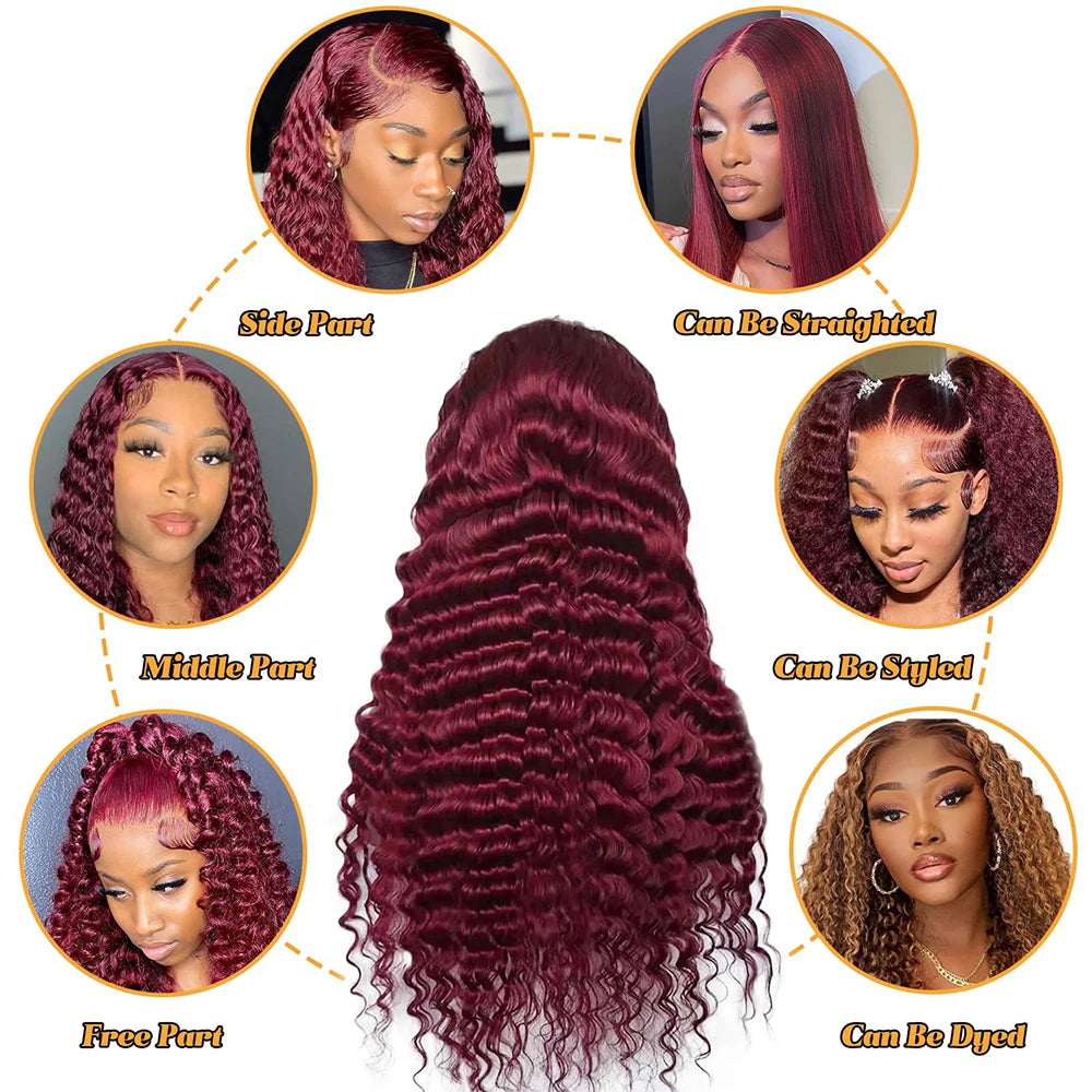 Burgundy Colored Human Hair Wig Deep Wave 13x4 Lace Frontal Wigs HD Transparent Lace Curly Hair Wig for Women