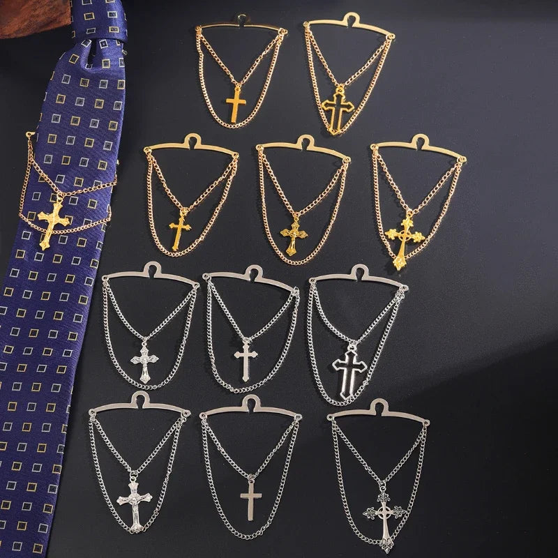 High-end Metal Cross Tassel Tie Clips for Men Business Wedding Necktie Clips Shirt Collar Pin Luxulry Jewelry Accessories