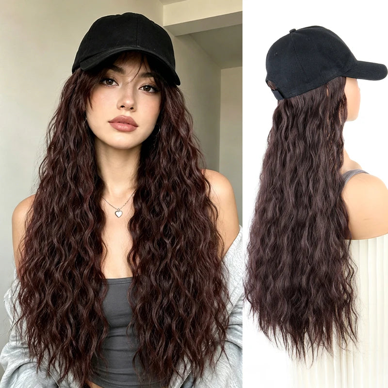 Hat Wig for Women, Integrated Design Baseball Cap Wig, Synthetic Long Curly Wavy Hair Extensions, Adjustable Black Baseball Cap