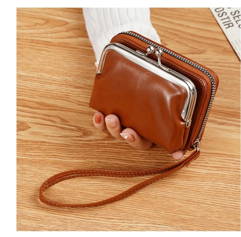 Women's Wallet Fashionableand Minimalist Wrist Strap Short Zero Wallet RetroVersatile LargeCapacity Multi Card Pocket Money Clip
