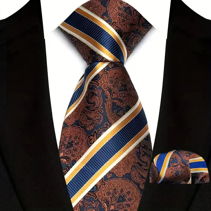 Mens Tie Set Stripes Necktie and Pocket Square Cufflinks Tie Clip Classic Formal Neck Ties for Men Wedding Business Party