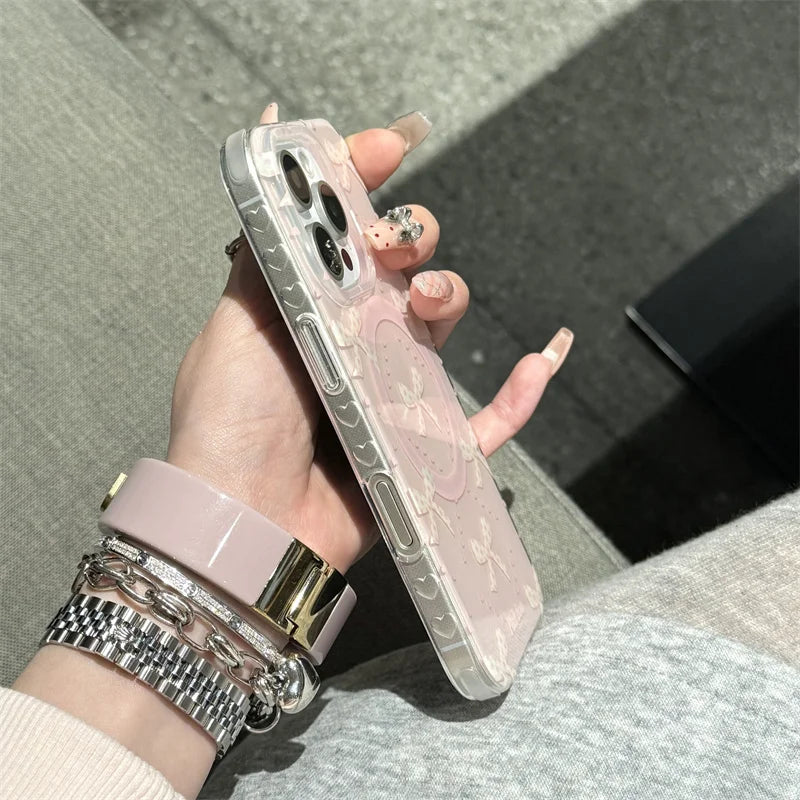 Lovely Magnetic Phone Case For iPhone 16 Pro 15 14 13 Pro Max 15Pro Cover with Pearl Bowknot Stand Shockproof Cases for Magsafe