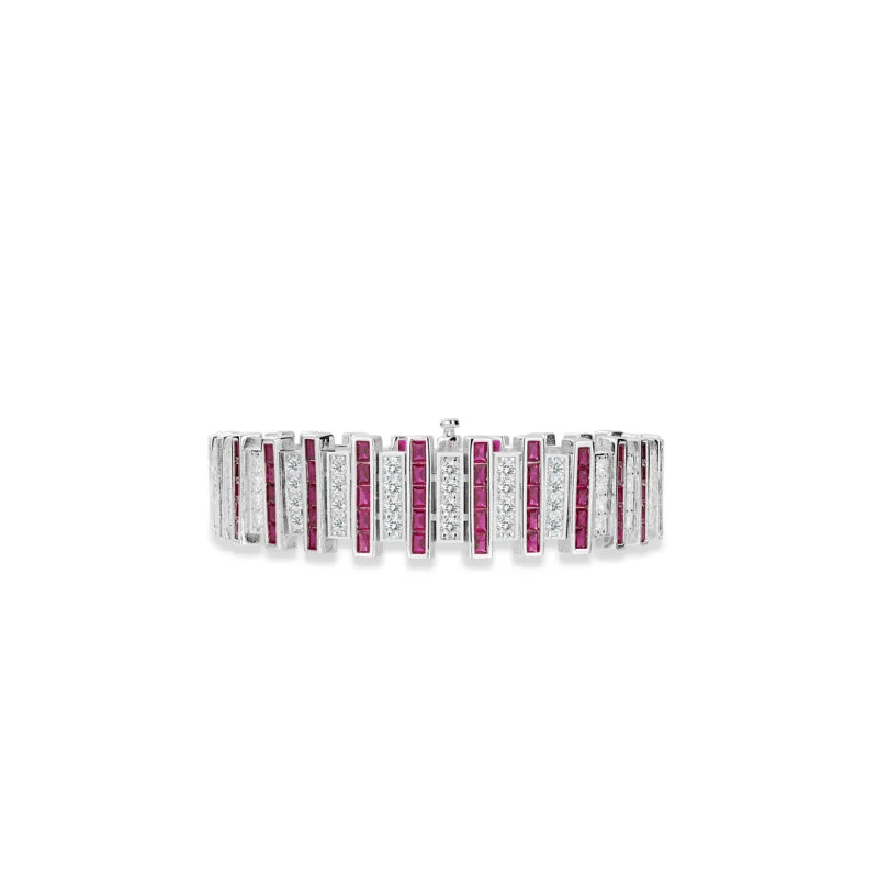 Bellux 925 Silver Synthetic Zirconia Bracelet Red And White Square Diamonds Fully Bejeweled  Jewelry Accessory