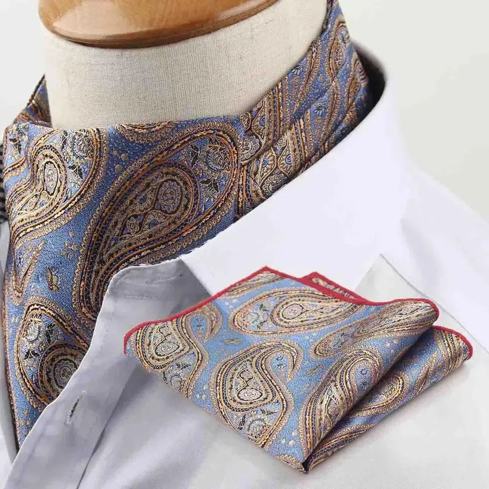 Polyester Cravat Pocket Square Set Formal Necktie Handkerchief Ascot Self Tie Polka Dot Paisley Design Gentleman Necktie Gifts