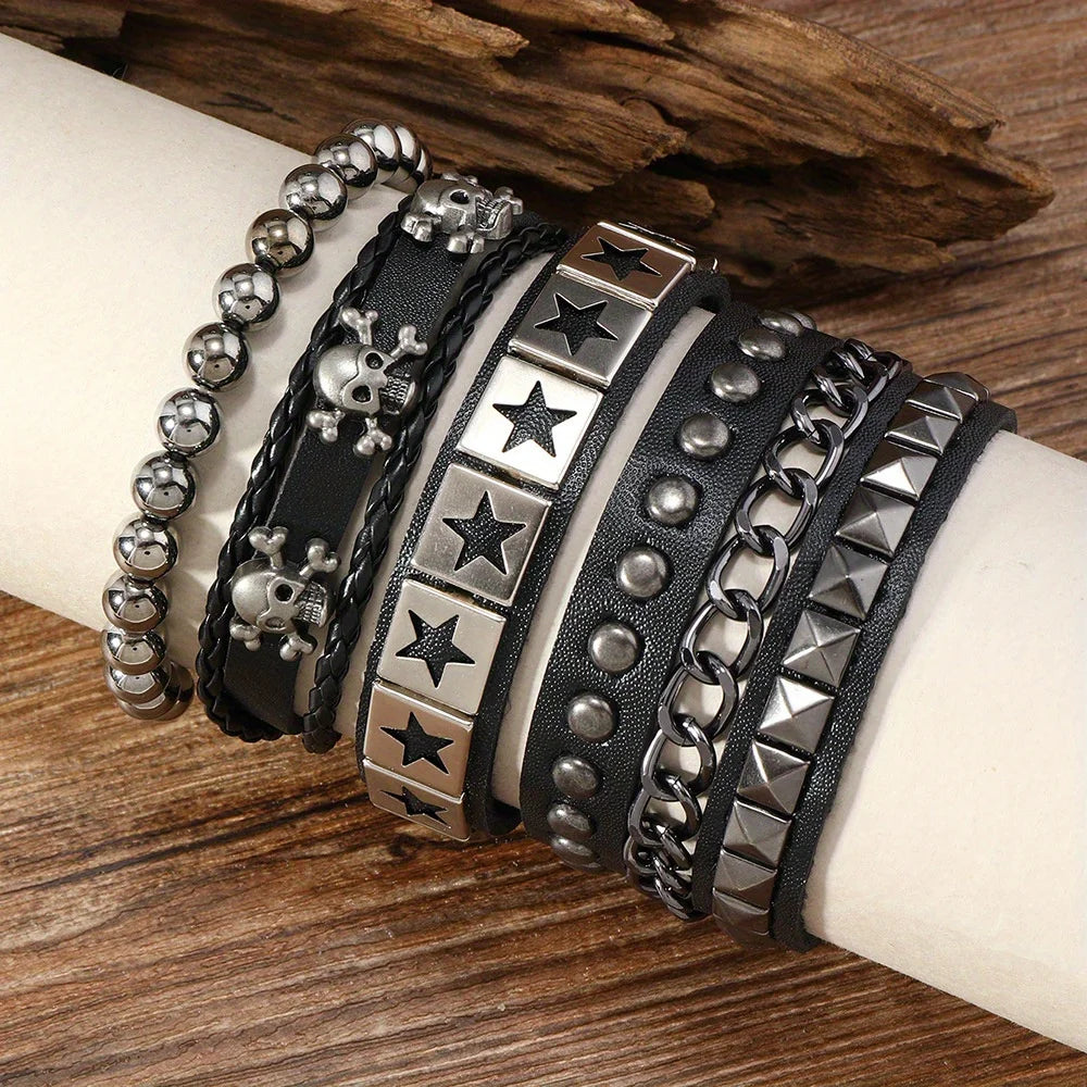 4-piece retro style skull pentagram bracelet set - handmade multi-layer riveted leather, skull bead wristband