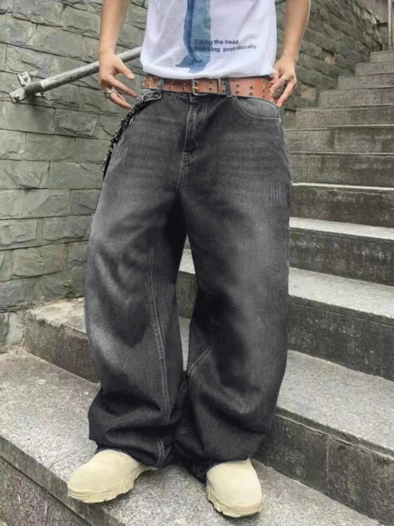 Fashion Men's Vintage Jeans Straight Streetwear Personality Hip Hop Trousers Male Youth Loose Wide Legs Denim Pants
