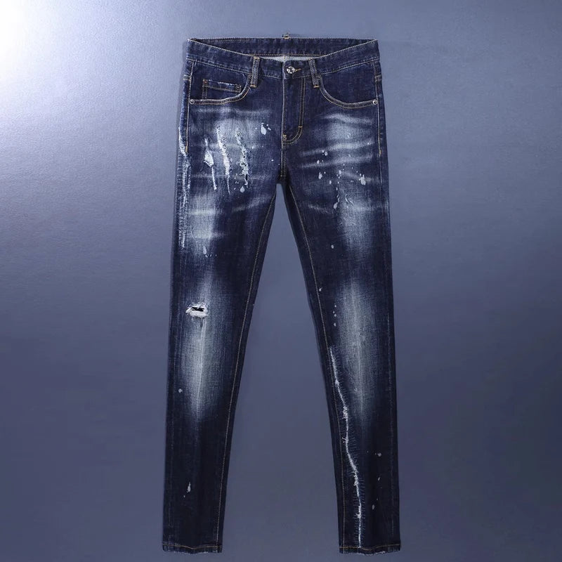 Fashionable men's deep blue jeans with scratches, washed water, nostalgic stretch, slim fit, painted jeans, designer high street
