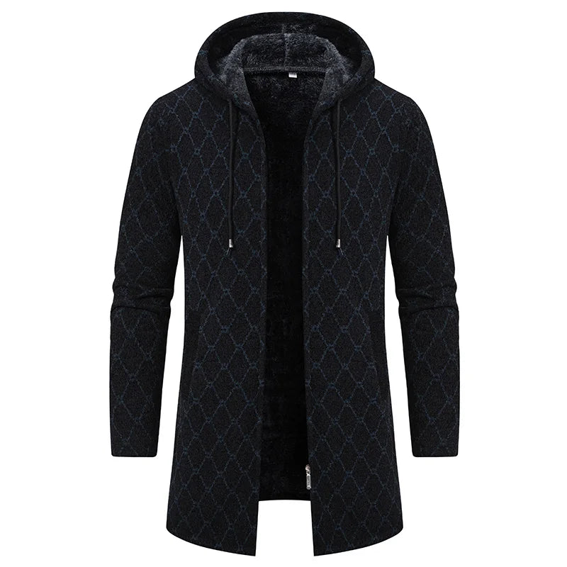 Mens Long Knit Cardigan Autumn Winter Sweater Coat Fleece Heavy Hooded Trench Coat Solid Chenille Men's Fashion Jacket