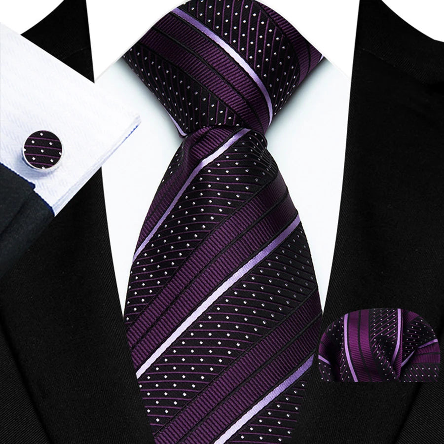 Mens Tie Set Stripes Necktie and Pocket Square Cufflinks Tie Clip Classic Formal Neck Ties for Men Wedding Business Party