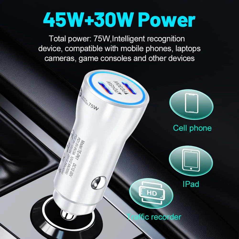 75W USB C Car Charger Dual Ports Type C PD Charger In Car Fast Charge Adapter For iPhone 15 14 Xiaomi Samgsung Car Phone Charger