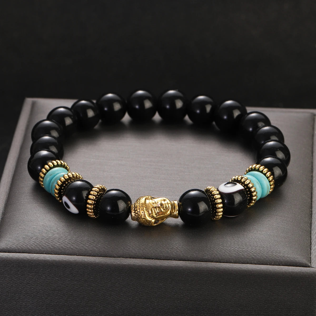 Classic Buddha&Evil Eye Bracelet Women Men 10mm Round Turquoises Blue Stone Bangles Handmade Elastic Yoga Bracelet