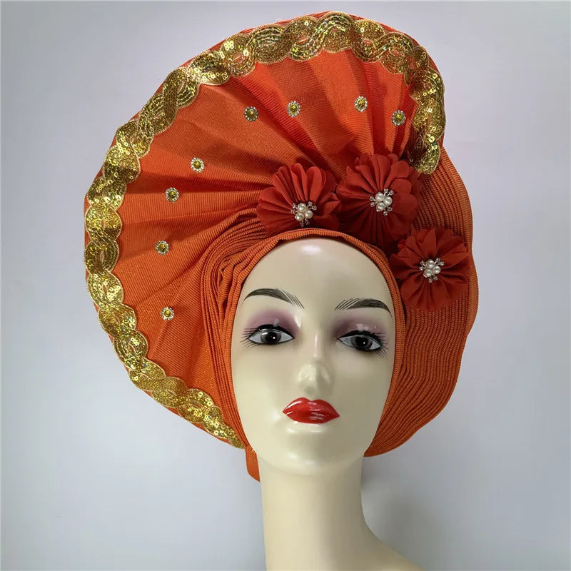 High Quality African Nigeria Gele Elegant Helmet With Stones Headband Turban Head Scarf Head-Hat Auto Gele Brand New Hats 7L5191