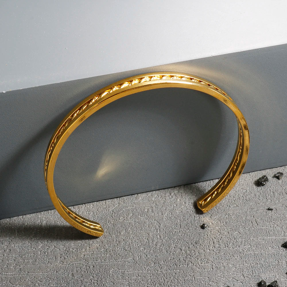Beads Punk Gold Plated Thick Textured Open Bracelet Bangle for Women Men Trendy Stainless Steel Metal Bracelets