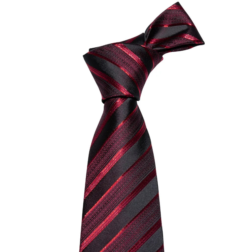 Male Luxury Neck Tie For Men Business Red Striped Tie Hanky Cufflinks Set Neckwear Wedding Party Casual