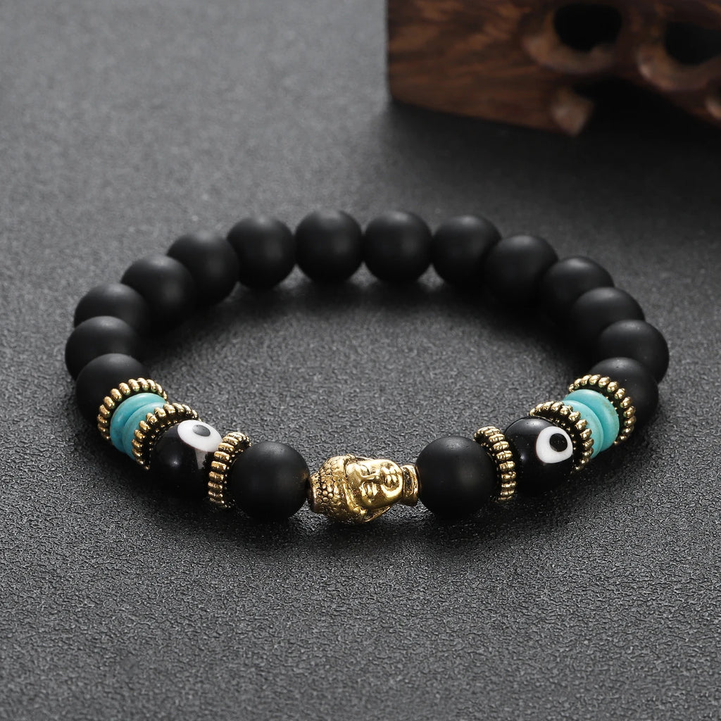 Classic Buddha&Evil Eye Bracelet Women Men 10mm Round Turquoises Blue Stone Bangles Handmade Elastic Yoga Bracelet