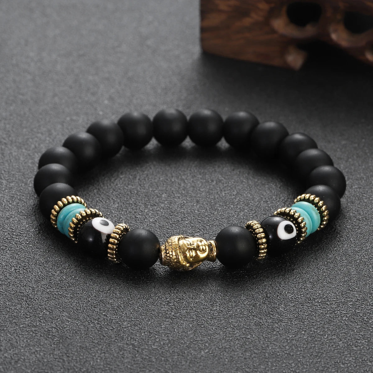 Classic Buddha&Evil Eye Bracelet Women Men 10mm Round Turquoises Blue Stone Bangles Handmade Elastic Yoga Bracelet