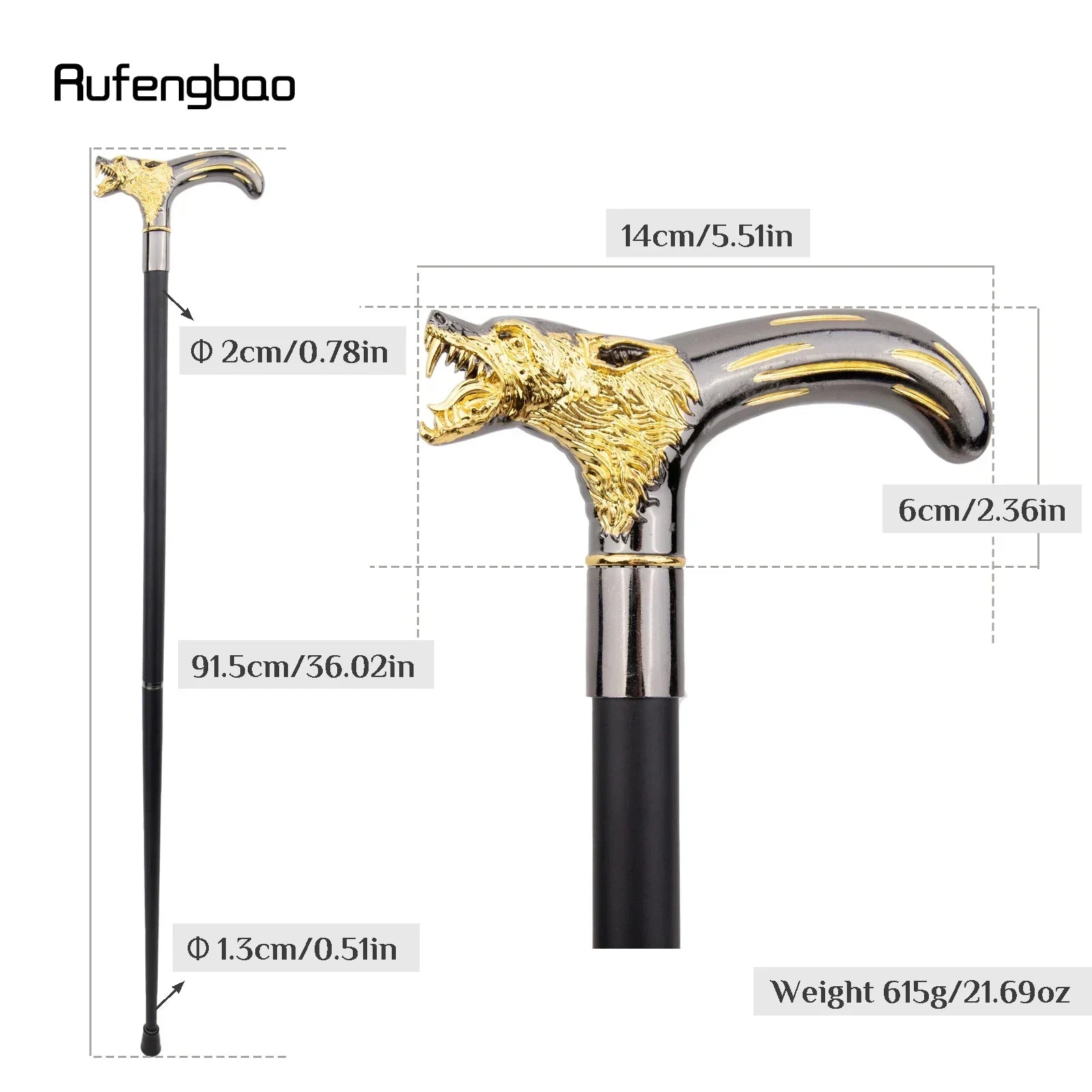 Golden Black Wolf Head Biting Walking Cane Fashion Decorative Stick Gentleman Performance  Cane 92cm  Performance Stage Cane
