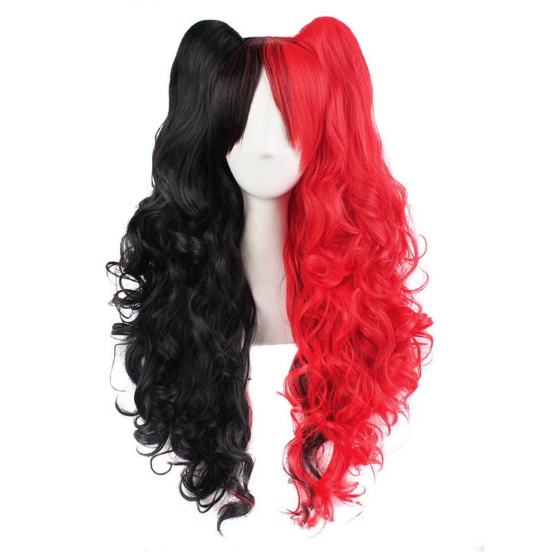 Long Synthetic Hair Wig with Bangs Cosplay Wavy Costume for Women Two Claw Clip Ponytail Available in Pink Red Blue Black White