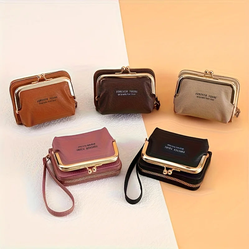 Women'S Elegant Wallet with Wrist Strap & Kiss Button Closure -Golden-Tone Hardware,Zipper Pocket & Card Holder,Wallet for Women