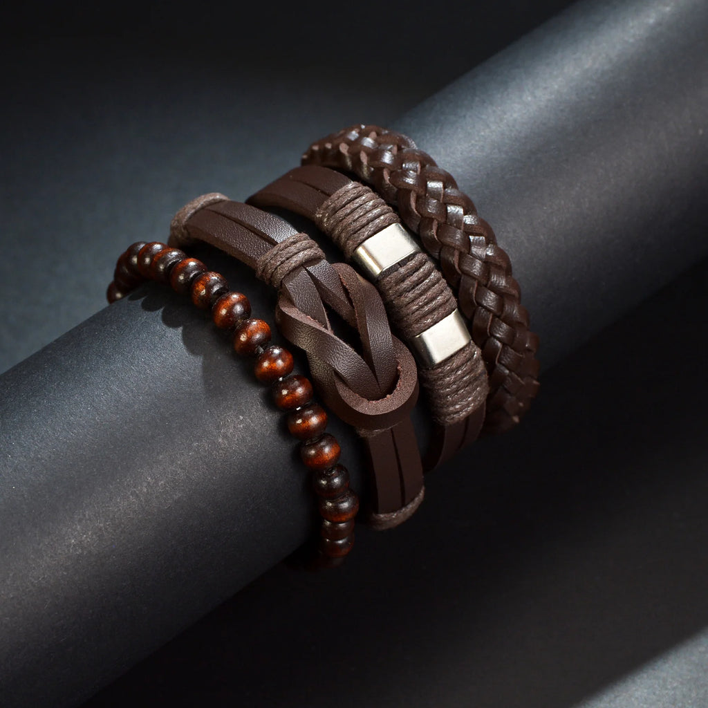 MeMolissa 3/4Pcs/ Set Braided Wrap Leather Bracelet for Men Vintage Life Tree Guitar Wood Beads Fashion Male Bracelets Wristband