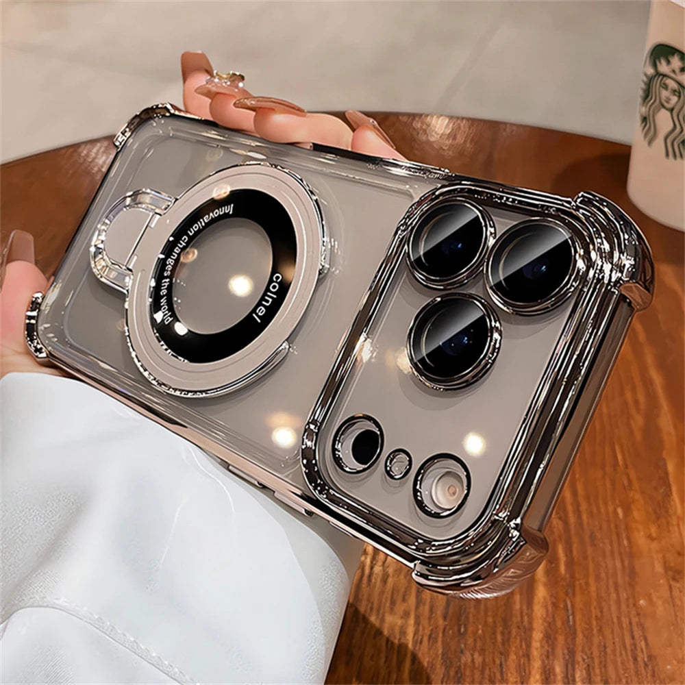 For Magsafe Bracket Clear Plating Phone Cases For iPhone 17 16 15 14 13 12 Pro Max Plus Air Magnetic Ring Stand Holder Cover