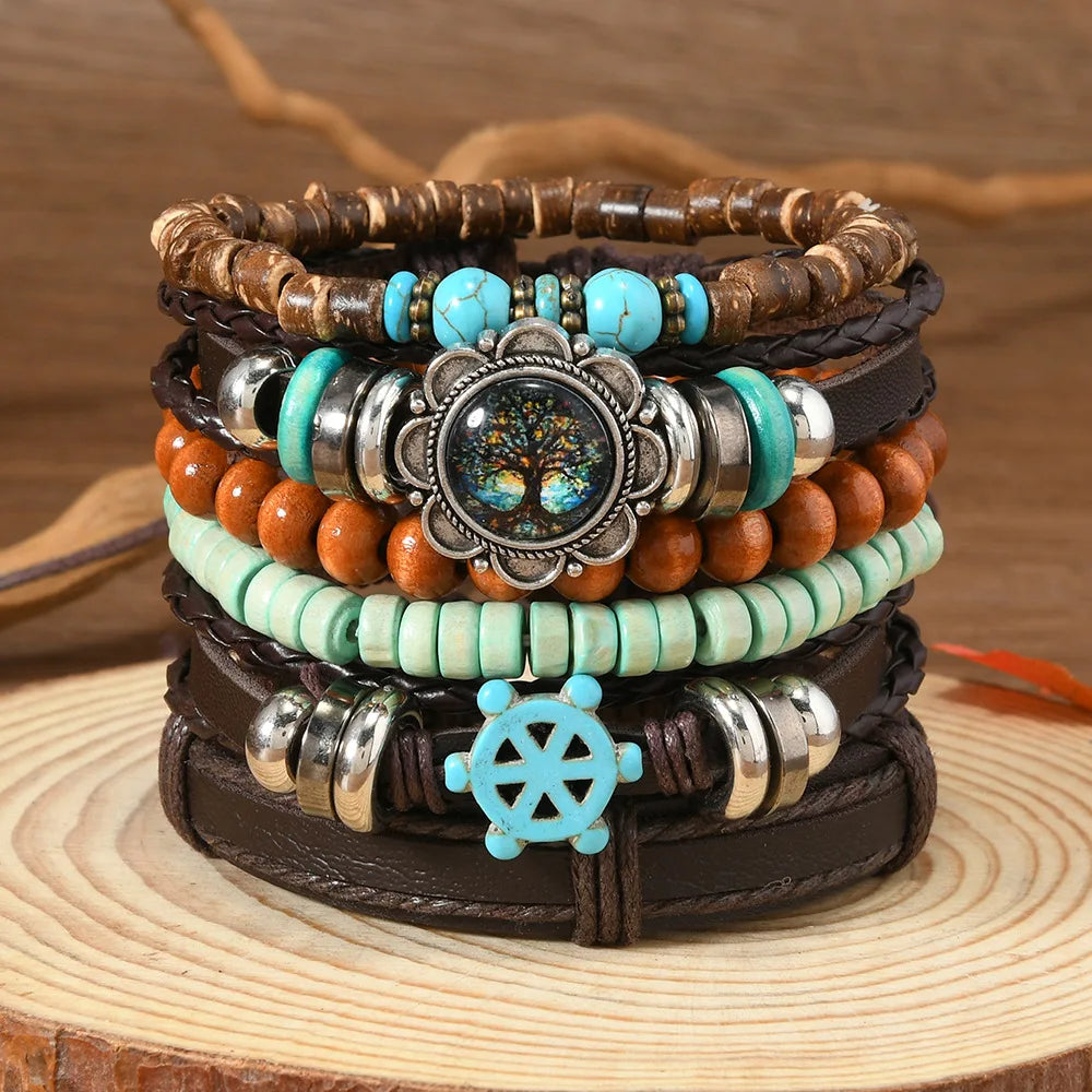 Vintage Feather Casual 6 Pc/set Tree Handmade Men Bracelets Male Women Leather Bracelets Men Bangle Wholesale Jewelry Gift