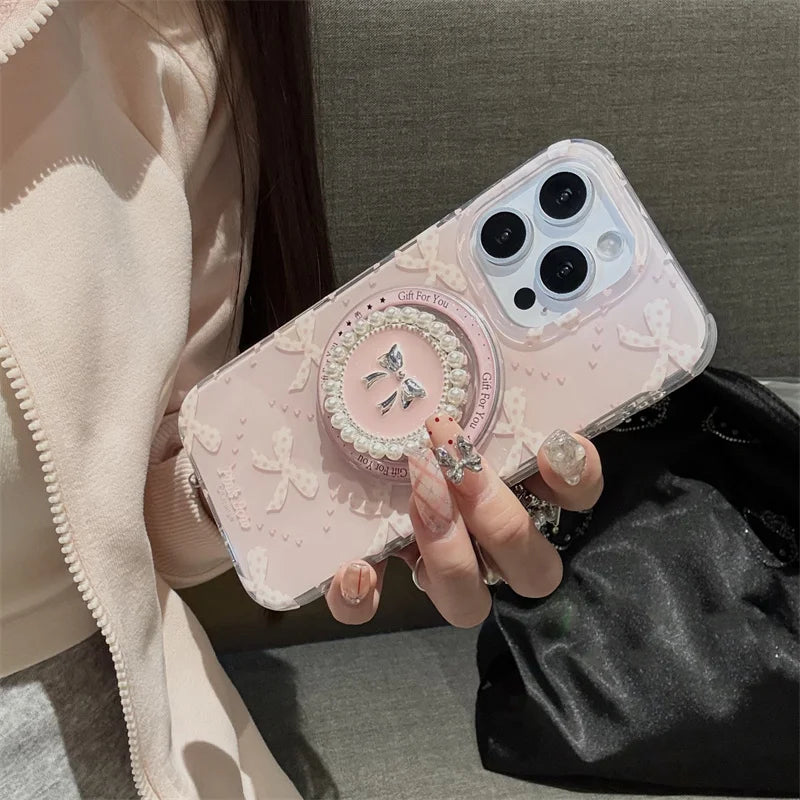 Lovely Magnetic Phone Case For iPhone 16 Pro 15 14 13 Pro Max 15Pro Cover with Pearl Bowknot Stand Shockproof Cases for Magsafe