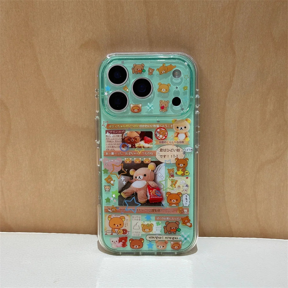 Kawaii Rilakkuma Cartoon Phone Case for iPhone 17 16 15 Pro16 Max 17 Pro Max Cover Cute Shockproof Funda Capa With Charm Cases