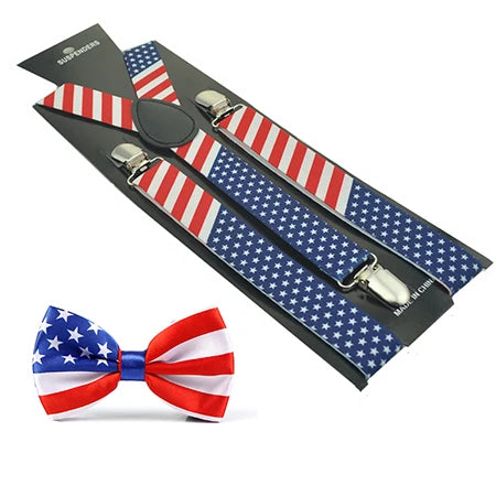 USA American Flag Suspender & Bow Tie Set, Adjustable Elastic Braces with Bowtie for Men Women, Patriotic Outfit for 4th of July