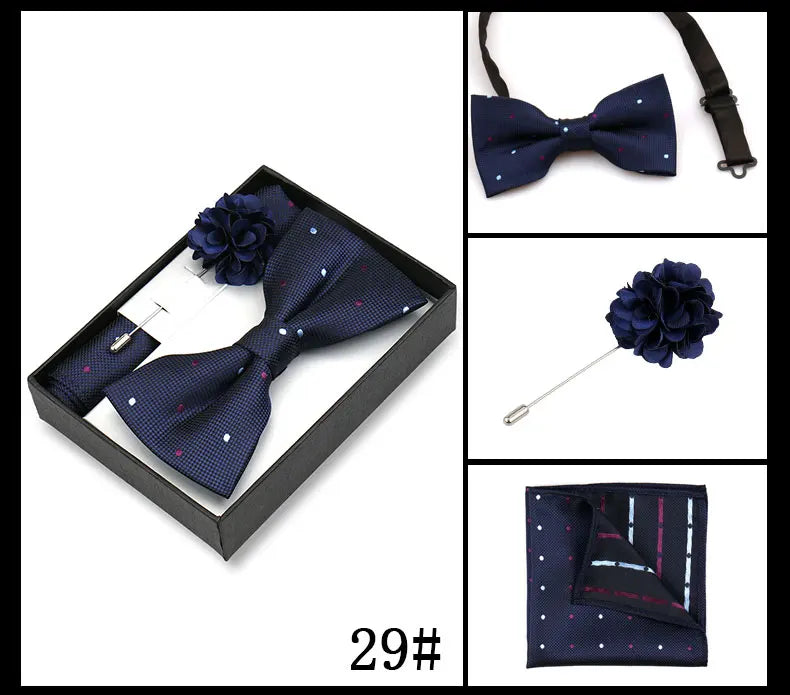 Classic High Quality Bow Tie Set Box Gift For Men Fashion Elegant Bowtie Handchief And Brooch Set Wedding Business Accessories