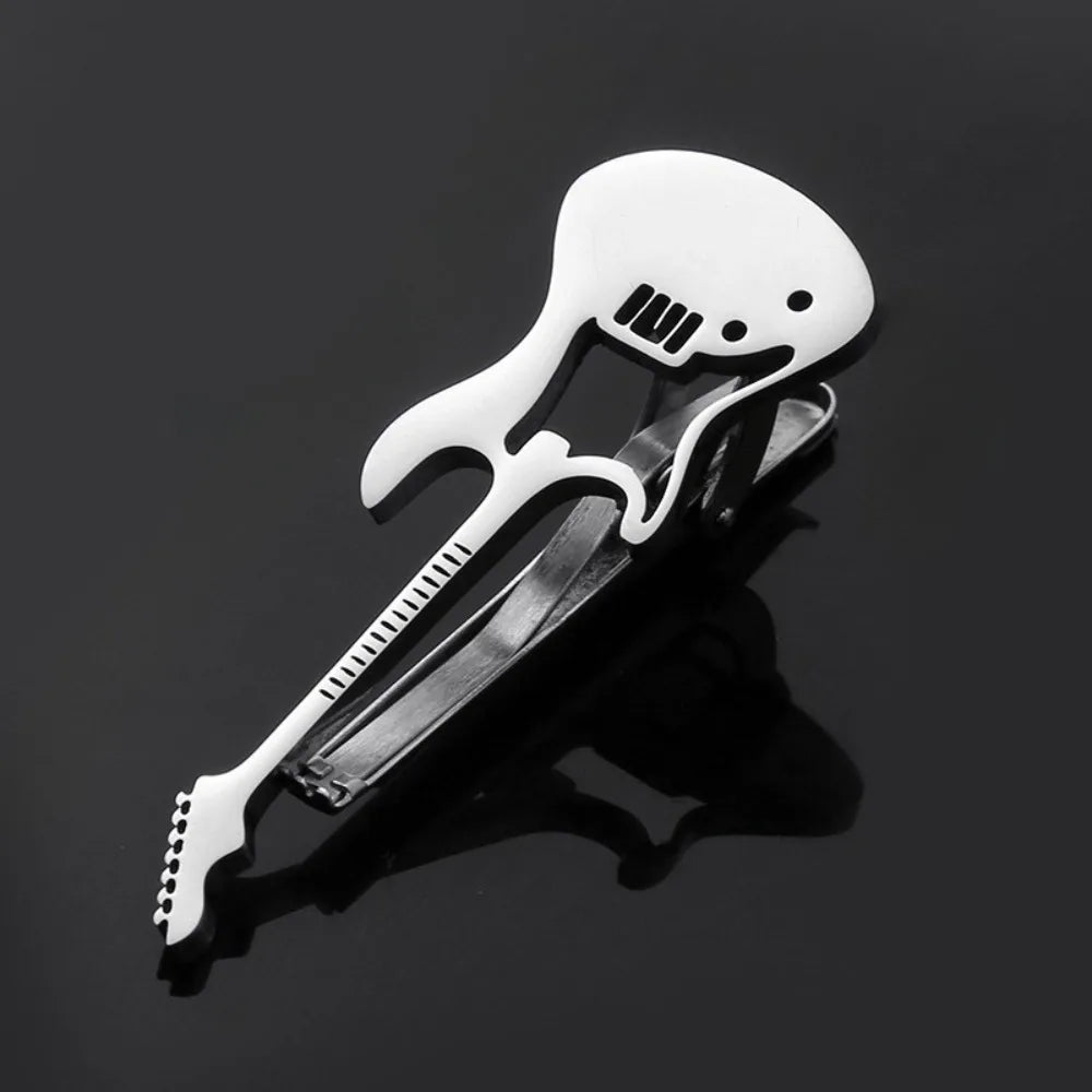 Treble Clef Guitar Tie Clip Titanium Steel Instrument Music Note Tie Pin Hip Hop Punk Piano Necktie Buckle Concert Accessories