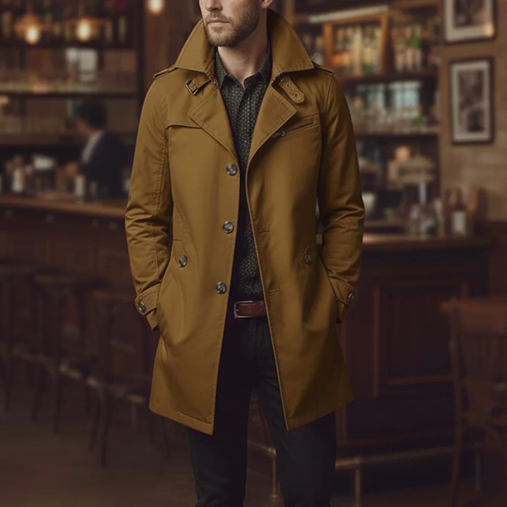 Men's Slim Notched Collar Single Breasted Cotton Jacket Office Casual Business Trench Coat