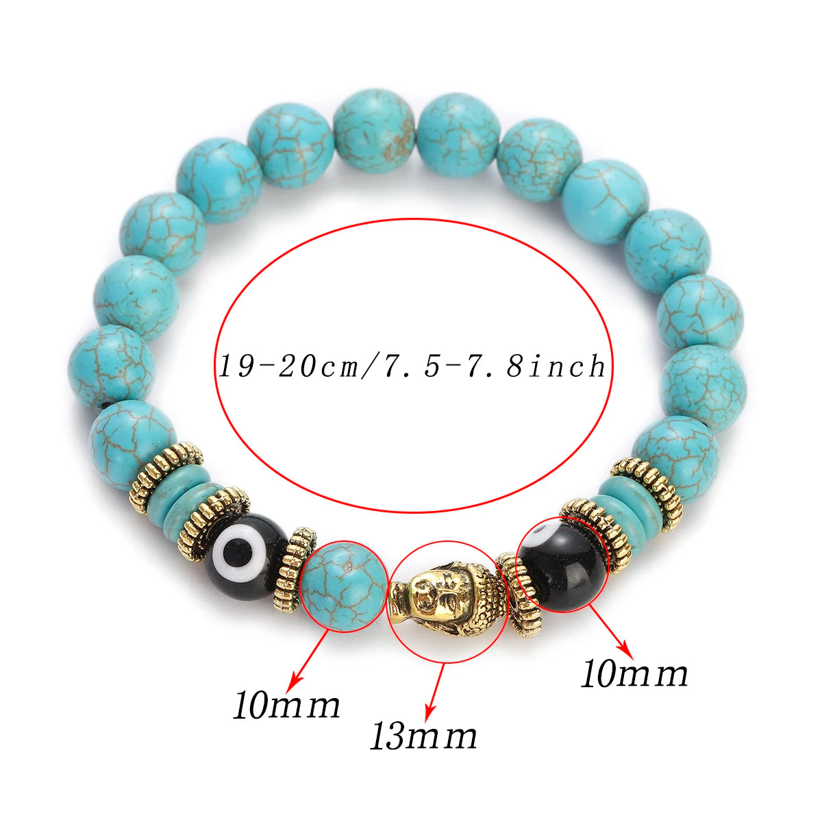 Classic Buddha&Evil Eye Bracelet Women Men 10mm Round Turquoises Blue Stone Bangles Handmade Elastic Yoga Bracelet