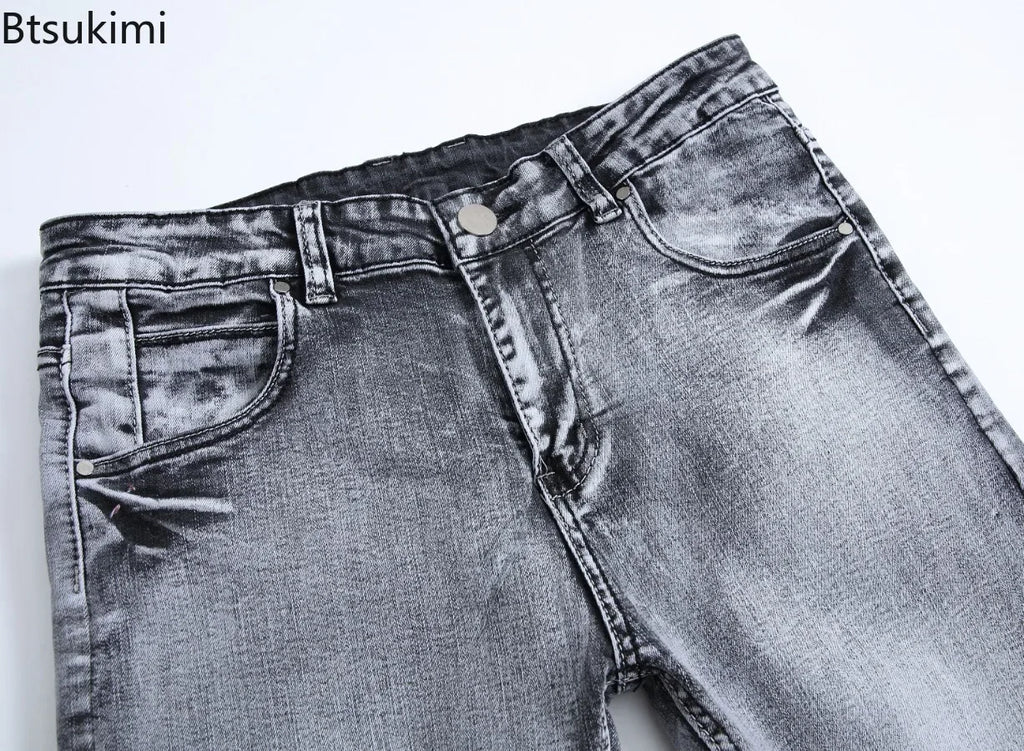 New 2026 Men's Grey Jeans Pants Fashion Casual Slim Fit Small Feet Long Pants Trend Versatile Stretch Denim Trousers for Men