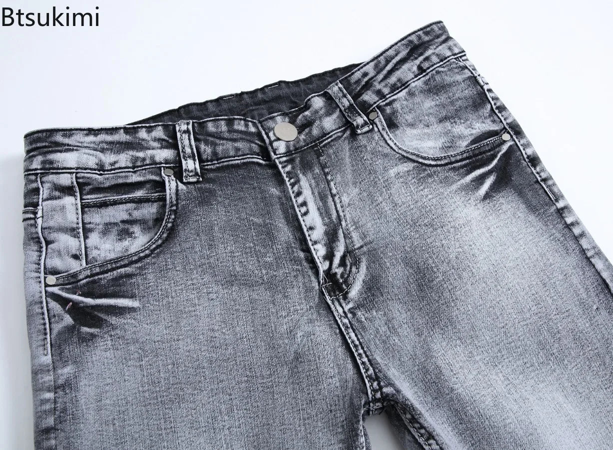 New 2026 Men's Grey Jeans Pants Fashion Casual Slim Fit Small Feet Long Pants Trend Versatile Stretch Denim Trousers for Men