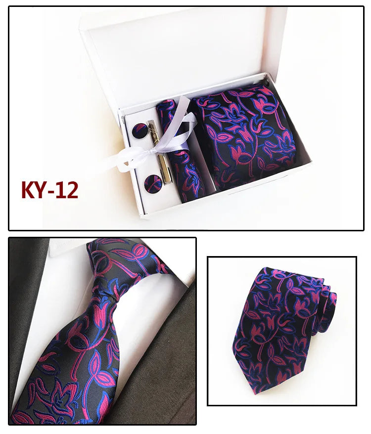 tie set for men gift box for men gravata luxury designer brand 8 cm Jacquard Necktie Pocket Square Clip cufflinks