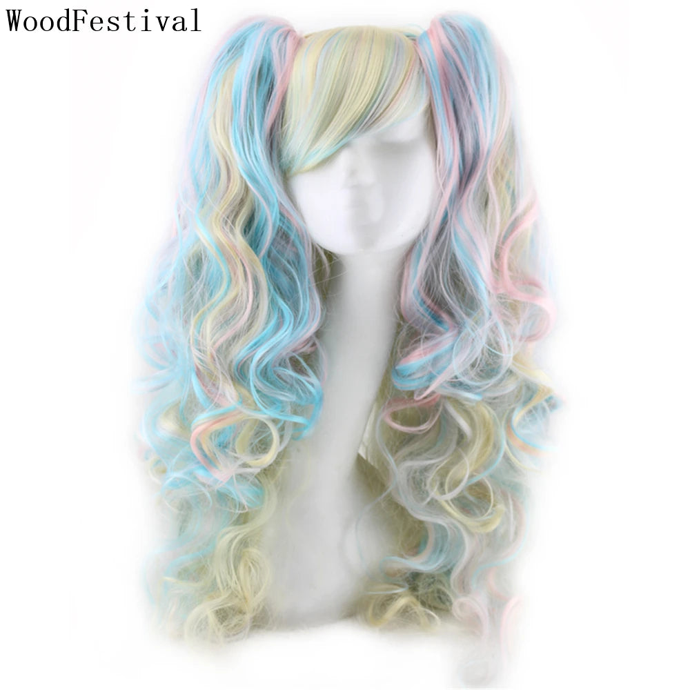 Long Synthetic Hair Wig with Bangs Cosplay Wavy Costume for Women Two Claw Clip Ponytail Available in Pink Red Blue Black White