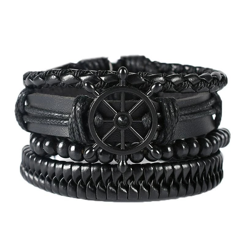 4Pcs/ Set Braided Wrap Leather Bracelets For Men Vintage Life Tree Rudder Charm Wood Beads Ethnic Tribal Wristbands