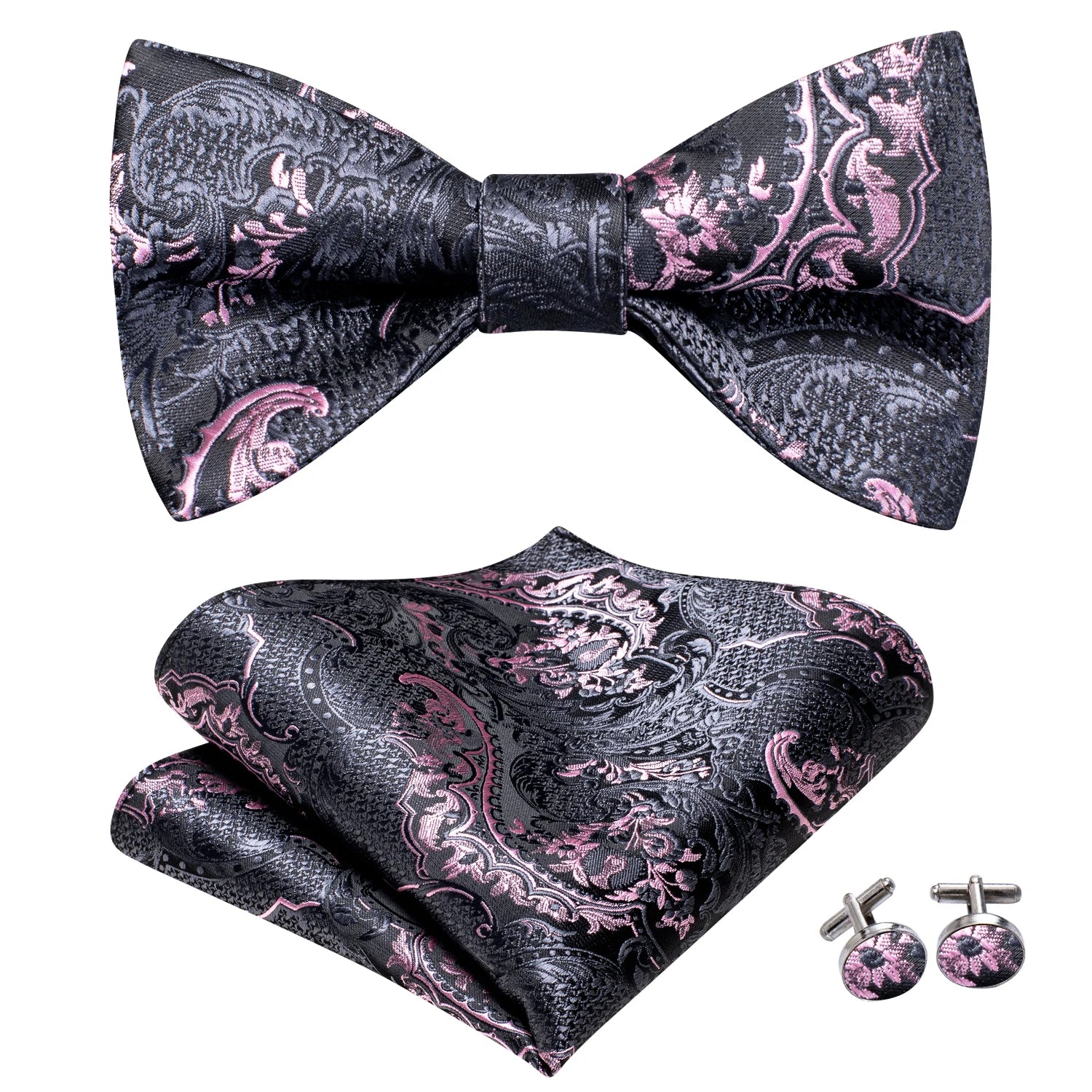 Hi-Tie Silk Mens Self Bow Tie Pocket Square Cufflink Set Butterfly Knot Jacquard Floral Paisley Bowtie for Male Wedding Business