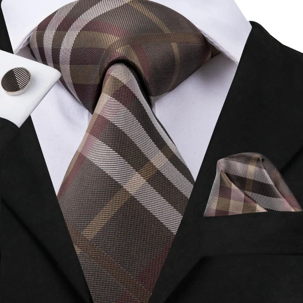 C-3014 Hi-Tie Men Tie Silk Necktie Plaid Brown Ties for Men High Quality Hanky Cufflinks Set Men's Wedding Pocket Square Tie Set