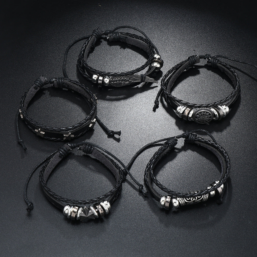 5Pcs/ Set Braided Wrap Leather Bracelets for Men Vintage Life Tree Rudder Charm Wood Beads Ethnic Tribal Wristband Rope Bracelet