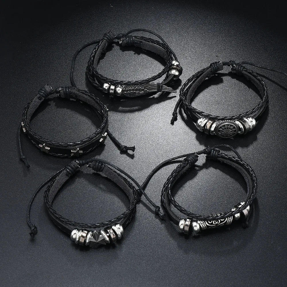 5Pcs/ Set Braided Wrap Leather Bracelets for Men Vintage Life Tree Rudder Charm Wood Beads Ethnic Tribal Wristband Rope Bracelet
