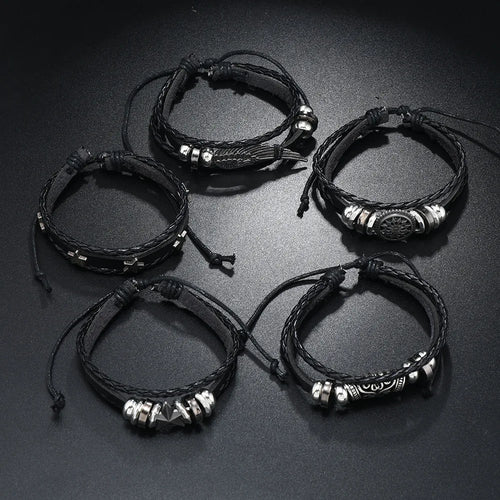 5Pcs/ Set Braided Wrap Leather Bracelets for Men Vintage Life Tree Rudder Charm Wood Beads Ethnic Tribal Wristband Rope Bracelet