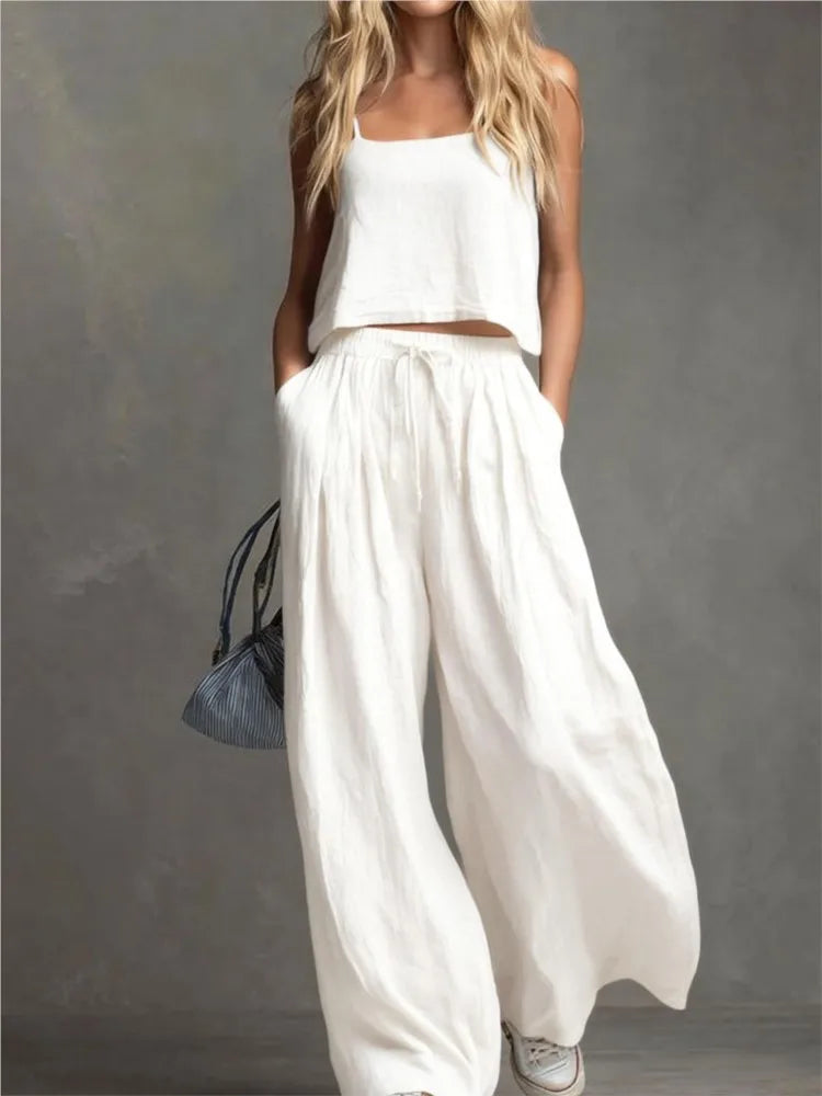 Suspender Top Women + Wide-leg Trousers Women 2piece Set Summer Fashion Elastic Waist Lace-up Pocket Trousers Casual Suit Female