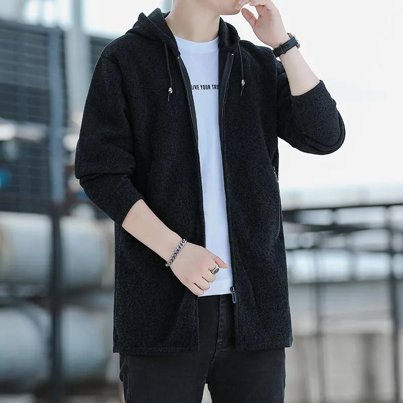 Mens Long Knit Cardigan Autumn Winter Sweater Coat Fleece Heavy Hooded Trench Coat Solid Chenille Men's Fashion Jacket